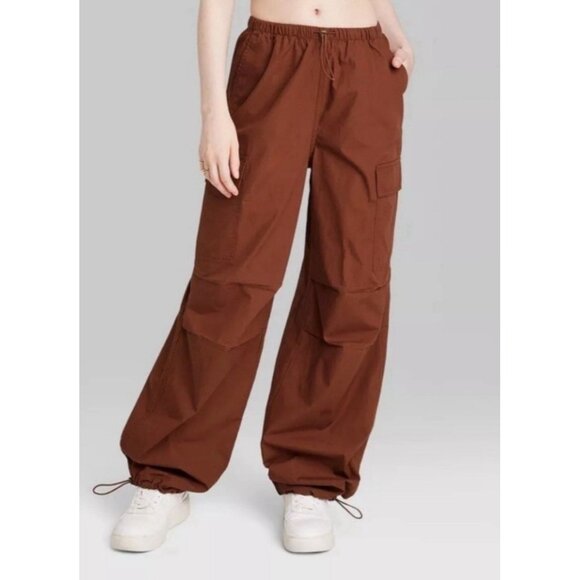 wild fable Pants - Wild Fable Brown Parachute Pants Mid Rise baggy Drawstring Pull On XS